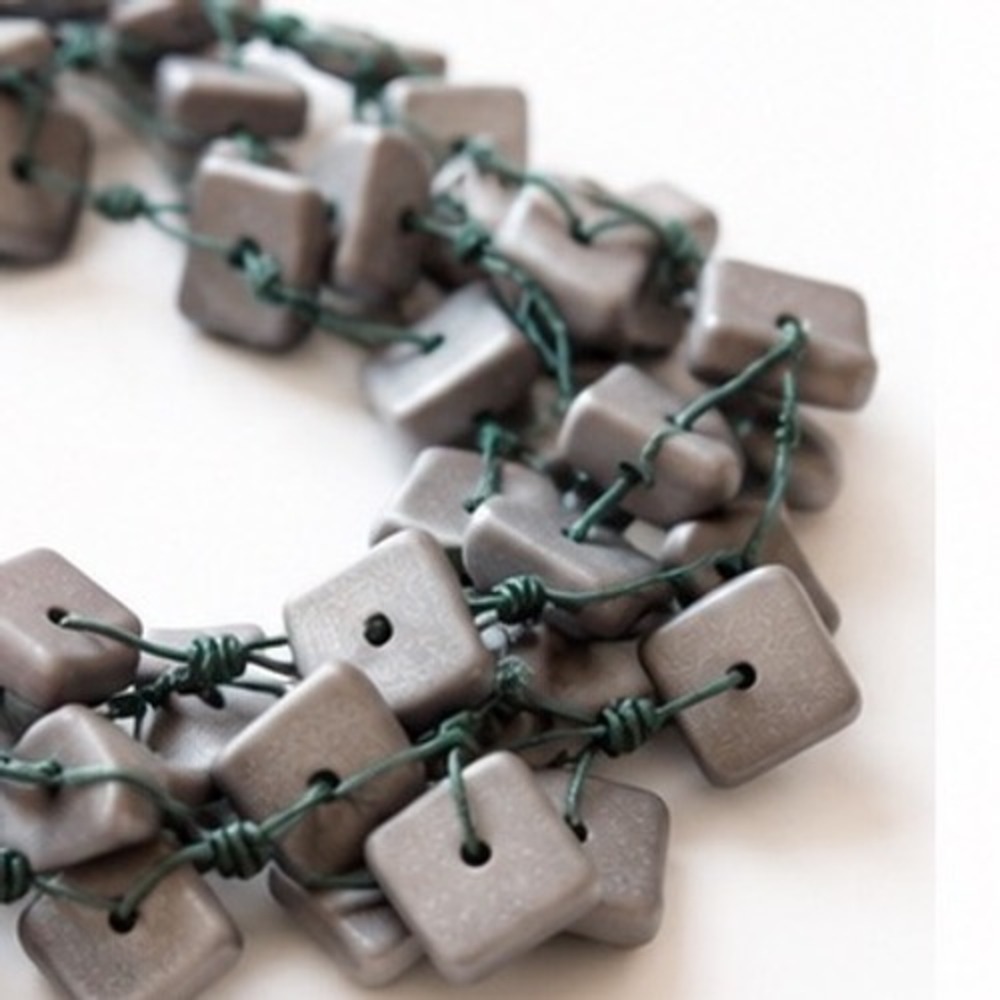 Handcrafted Multi-Strand Matte Grey Square Bead Statement Necklace Teal Cord - Picture 5 of 9
